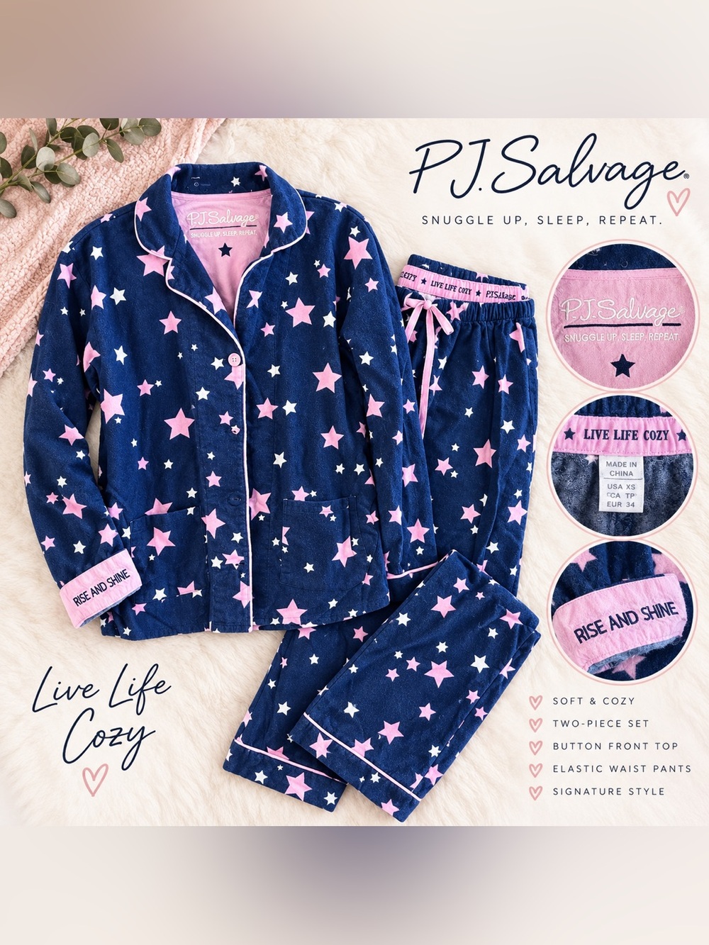 PJ Salvage Navy and Pink Star Fleece Pajama Set XS